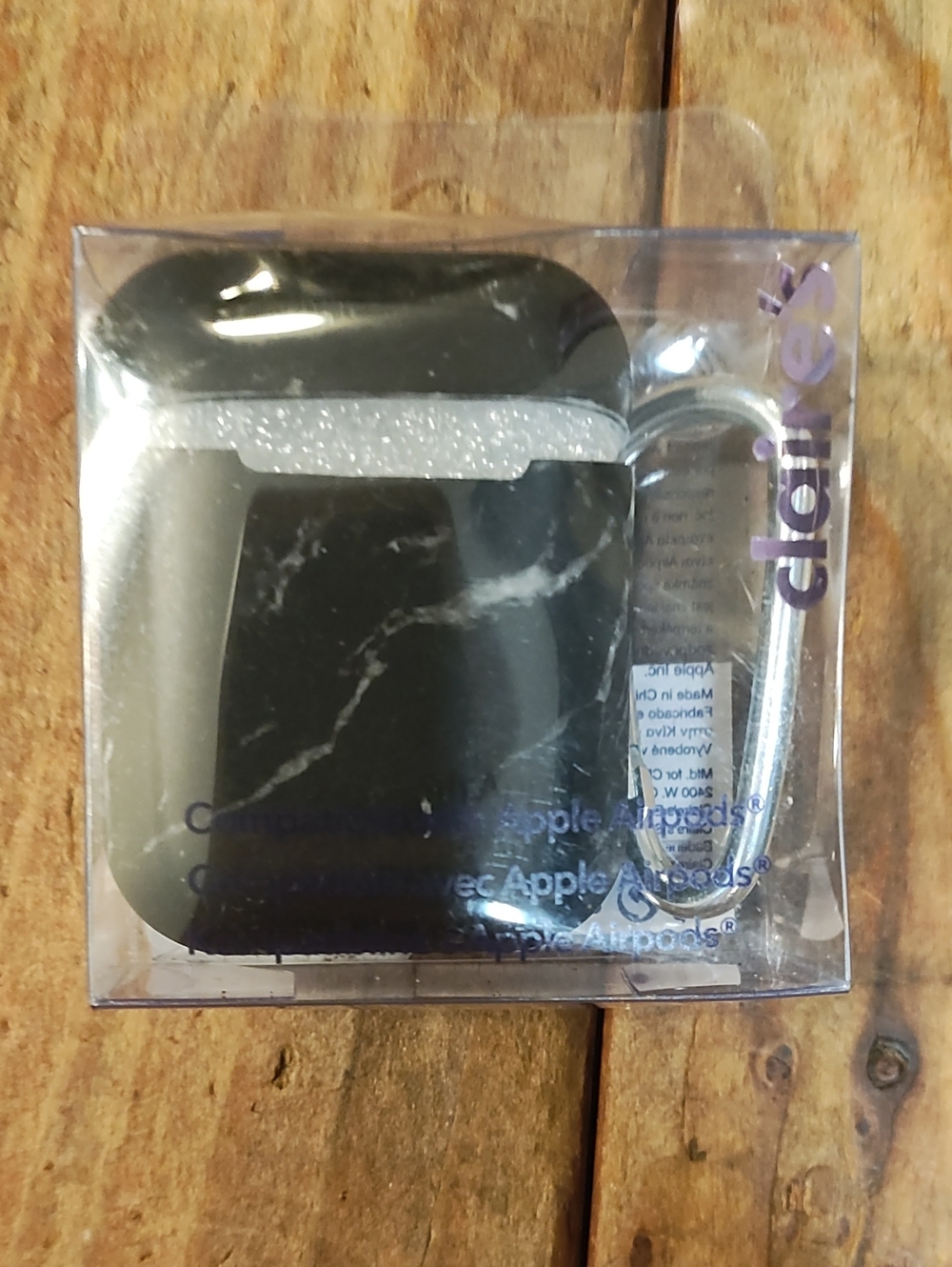 Claire's Black Marble AirPods Case with Silver Carabiner